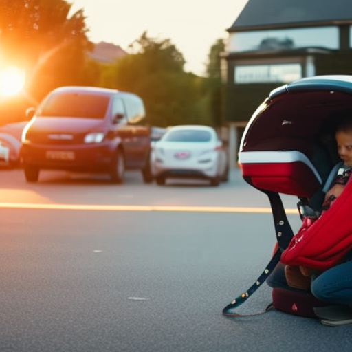 An image that captures the meticulous process of installing a car seat: a focused parent, kneeling beside their vehicle, securing the car seat with precision, while following the manufacturer's instructions and ensuring a snug fit