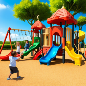 An image showcasing a vibrant playground, with children happily engaged in active play, surrounded by colorful fruits and vegetables