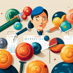 An image showing a colorful calendar with playful illustrations of syringes, representing each vaccine, arranged in a sequential timeline