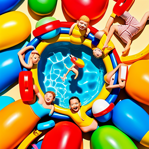 An image of a group of diverse children joyfully splashing in a crystal-clear swimming pool, surrounded by vibrant pool toys, glistening under the bright summer sun, as they energetically play water games and embrace the carefree spirit of an unforgettable summer
