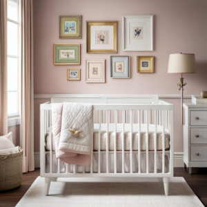 An image featuring a delicate, vintage-inspired nursery with a dusty rose wallpaper adorned with charming alphabet letters