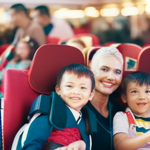 An image showcasing a diverse group of smiling parents and children happily seated in various booster seats