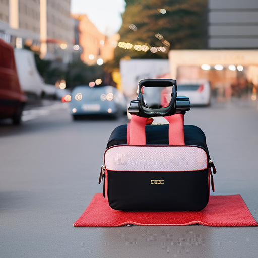 An image showcasing a compact, lightweight booster seat effortlessly fitting into a sleek travel bag, highlighting its foldable design, adjustable straps, and convenient carry handle, perfect for parents on the go