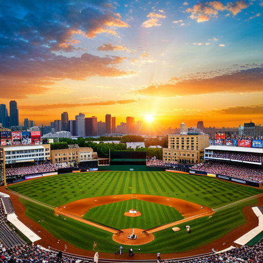 An image showcasing a vibrant baseball field, engulfed in the golden hues of sunset, with young players in action, surrounded by a lively crowd, epitomizing the thrilling atmosphere of tournaments and showcases