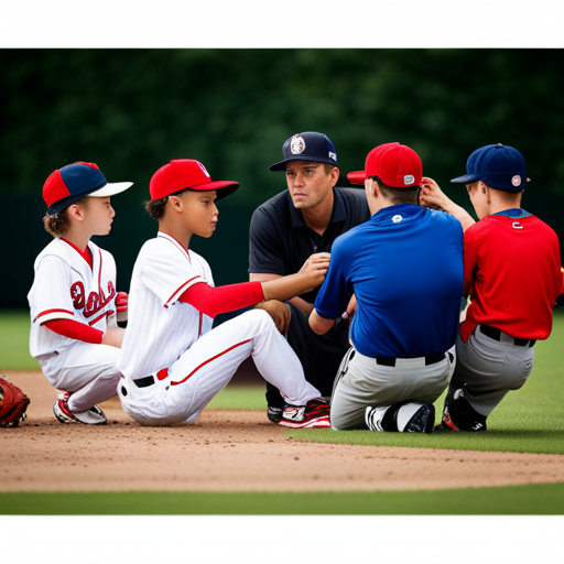 An image showcasing a group of young baseball players huddled around their coaches, intently listening to instructions, as the coaches meticulously observe and evaluate their players' skills with focused expressions and clipboards in hand