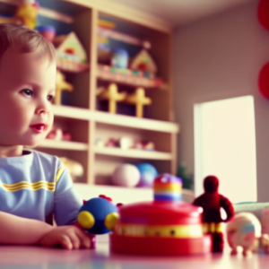 An image showcasing a serene, sunlit room with vibrant, age-appropriate toys neatly arranged on shelves