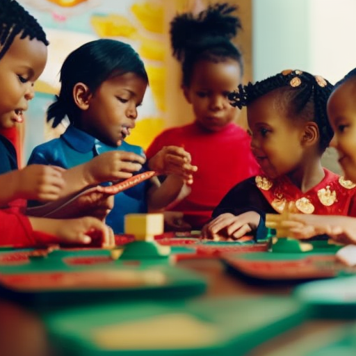 An image showcasing a diverse group of children engaged in hands-on activities, surrounded by educational materials and resources
