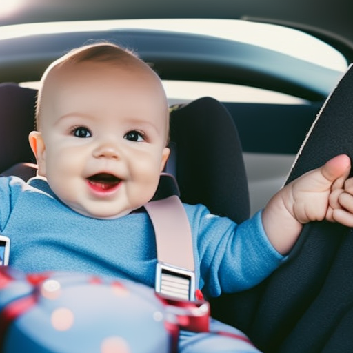 An image depicting a rear-facing car seat in a vehicle, with a happy toddler securely strapped in