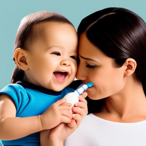 An image of a caring parent gently holding a baby's head, delicately using a specialized nasal aspirator to clear their tiny, congested nostrils, creating a soothing and clean breathing experience for the little one