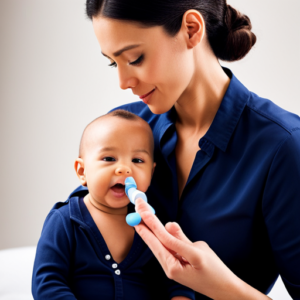 An image capturing a close-up of a baby's nose being gently cleared, showcasing a caregiver's hand delicately holding a nasal aspirator with a soft, rubber tip, while the baby's content expression reflects relief and comfort