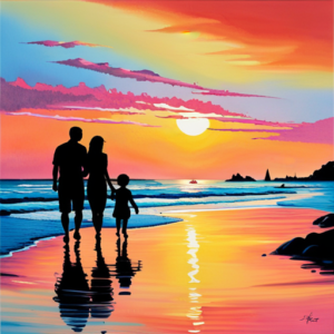 An image of a family walking hand in hand along a sandy beach at sunset, their silhouettes defined against the vibrant orange and pink hues of the sky, as they explore the wonders of the world together