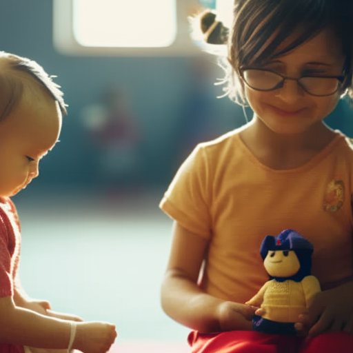 An image depicting a tearful preschooler hesitating at the classroom door, clutching a stuffed toy, while a compassionate teacher crouches down, offering a reassuring hand and a warm smile