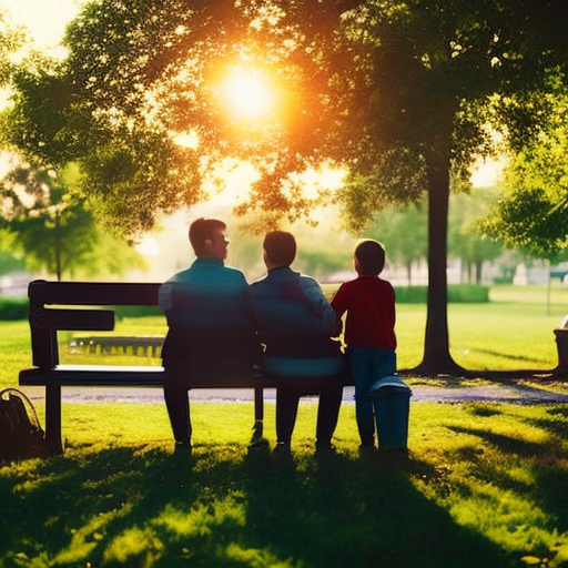 An image of two parents sitting on a park bench, sharing a heartfelt conversation while their children play together in the background