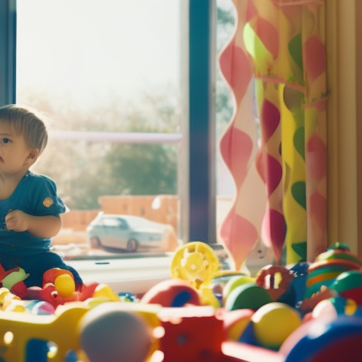 An image featuring a toddler standing in a colorful playroom, surrounded by scattered toys and a frustrated expression