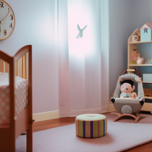 E of a serene nursery with soft, pastel-colored walls adorned with a whimsical mobile, a cozy rocking chair, and a neatly organized shelf filled with books and toys