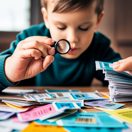 An image featuring a parent's hand holding a magnifying glass, meticulously searching through a stack of colorful, well-organized coupons