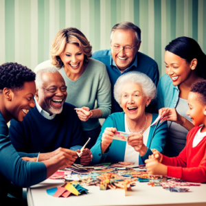 An image showcasing a diverse group of parents excitedly gathering around a kitchen table, scissors in hand, surrounded by stacks of colorful coupons