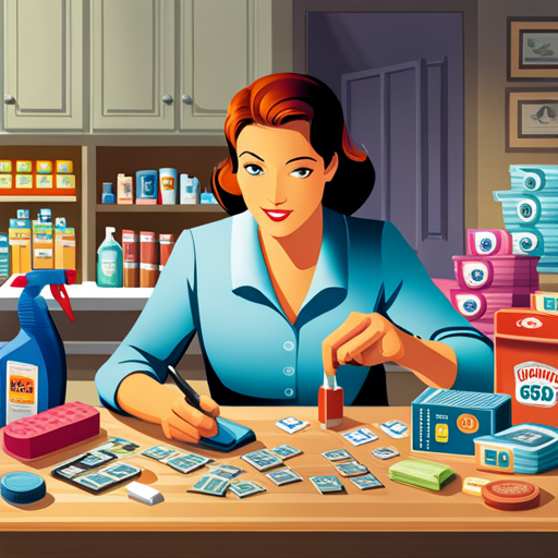 An image depicting a busy parent meticulously organizing an array of coupons, surrounded by everyday essentials like diapers, groceries, and cleaning supplies