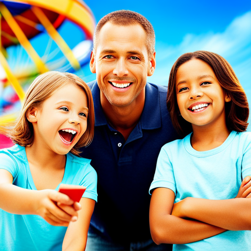 An image showcasing a smiling family of four happily using coupons to save money on a day at the amusement park