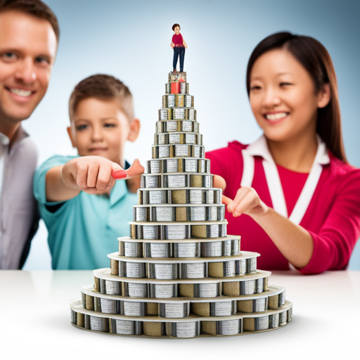 An image showcasing a diverse group of parents skillfully arranging a towering stack of coupons, their focused expressions revealing the artistry behind this money-saving technique