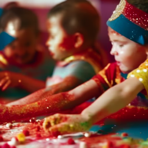 An image showcasing a group of children joyfully engaged in tactile sensory art activities, their hands covered in vibrant paint, as they explore textures and patterns with brushes, sponges, and their own fingers
