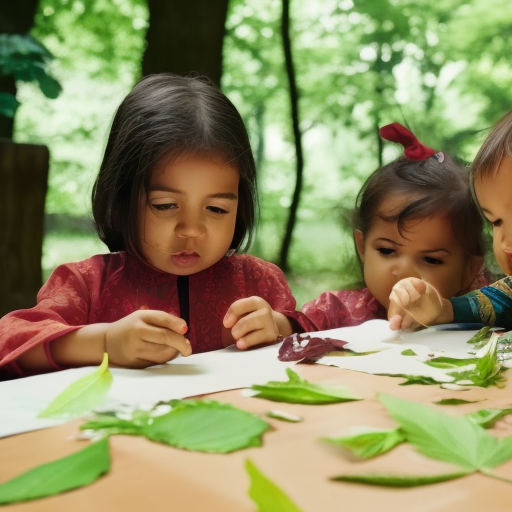 An image of young children sitting under a tree, engrossed in making leaf rubbings