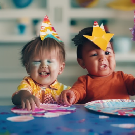 An image showcasing two smiling toddlers sitting at a table covered in colorful paper plates, their tiny hands covered in paint as they joyfully create whimsical paper plate animals and masks together