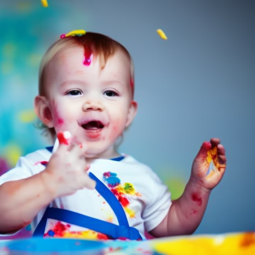 An image of a joyful toddler seated at a table, clad in an apron splattered with vibrant colors, happily smearing paint onto a large canvas using their tiny fingers, showcasing the sheer delight of easy peasy finger painting