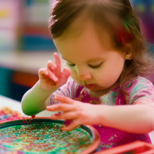An image of a preschooler joyfully exploring a tray filled with vibrant colored finger paints, running their tiny hands through the smooth and gooey texture, leaving behind mesmerizing swirls and patterns
