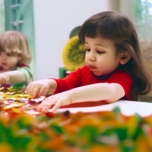An image showcasing preschoolers joyfully crafting nature-inspired masterpieces: children eagerly gathering colorful leaves, twigs, and flowers; their tiny hands skillfully arranging and gluing the natural materials onto vibrant paper canvases