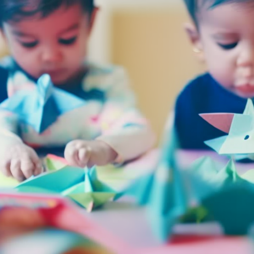 An image showcasing a preschooler's small hands, gently folding colorful paper into adorable origami animals, while their face lights up with excitement and concentration