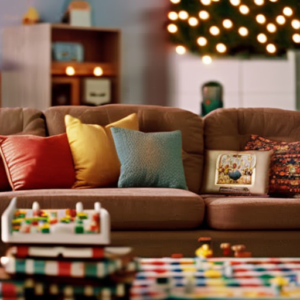 An image capturing a cozy living room with soft, plush furniture adorned with colorful, whimsical throw pillows and a low coffee table stacked with board games and art supplies, inviting children to explore and play