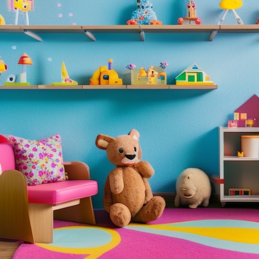 An image of a brightly lit playroom adorned with colorful wall decals, featuring a soft rug and shelves filled with neatly organized toys