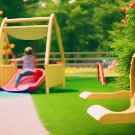 An image of a spacious backyard with a sturdy wooden fence, enclosing a vibrant play area filled with colorful swings, slides, and a soft rubber flooring