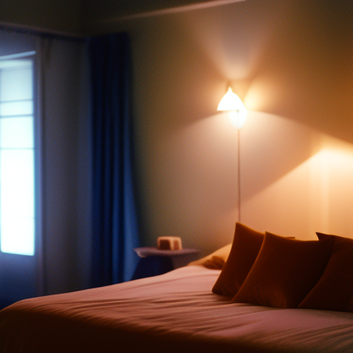 An image depicting a serene bedroom at night, with moonlight softly illuminating a room adorned with blackout curtains or blinds, effectively blocking out all external light sources and ensuring a tranquil sleep environment