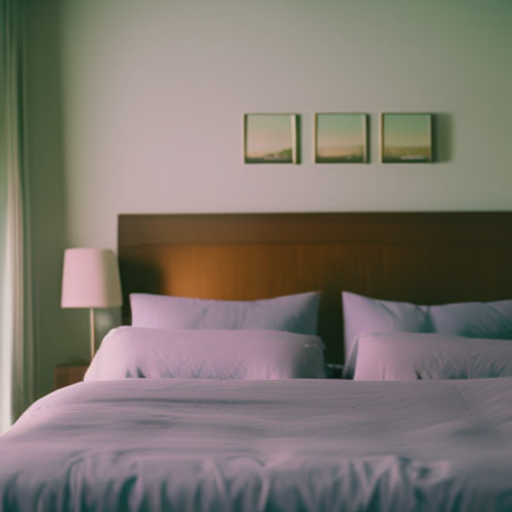 An image featuring a serene bedroom bathed in soft, cool hues like lavender and pale blue