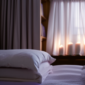 An image of a serene bedroom at dusk, with soft, diffused golden light filtering through sheer curtains