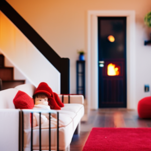 An image showcasing a cozy living room adorned with childproof furniture, soft cushions, and a sturdy baby gate blocking the stairs