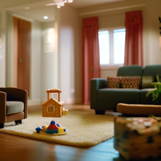 An image of a serene living room with soft, padded corners on furniture, outlet covers seamlessly blending into walls, and a vibrant play area featuring a locked toy chest and a sturdy baby gate