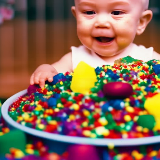 An image of a toddler joyfully immersed in a vibrant rainbow-colored sensory bin, eagerly exploring the various textures of squishy foam, silky ribbons, and smooth pebbles, igniting their imagination during sensory playtime