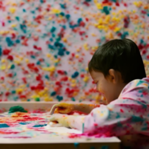 An image showcasing a vibrant, messy art table filled with colorful finger paint, paper, glue sticks, and tiny hands eagerly creating masterpieces