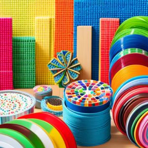 An image showcasing a vibrant mosaic of assorted colorful art supplies, practical kitchen gadgets, quirky home decor, and playful toys, all sourced from a dollar store, capturing the essence of ingenious and budget-friendly creativity