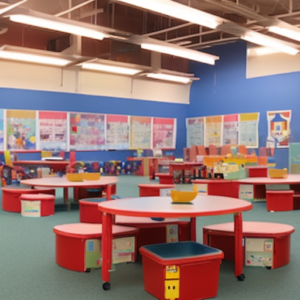 An image showcasing a vibrant, open space filled with colorful walls adorned with student artwork, flexible seating options, natural lighting, and interactive learning tools, reflecting the essence of creative learning environments