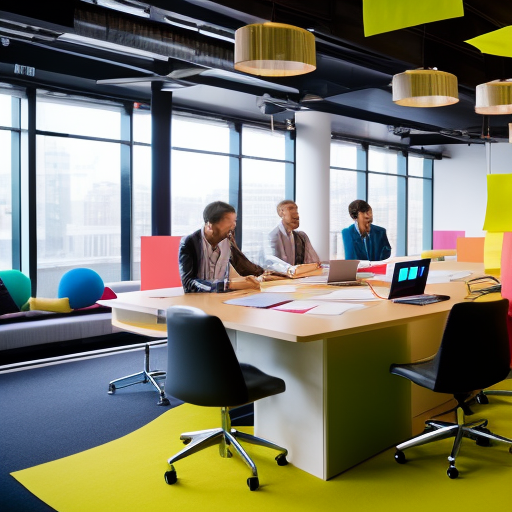 a vibrant, open-concept workspace adorned with colorful, modular furniture that encourages collaboration