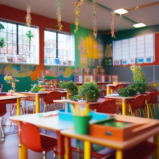 An image showcasing a brightly lit classroom with colorful walls adorned with student artwork, diverse learning stations equipped with art supplies, musical instruments, and plants, fostering curiosity, collaboration, and self-expression