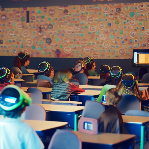 An image showcasing a classroom with interactive smart boards, virtual reality headsets, and students collaborating on tablets, surrounded by walls adorned with colorful murals and inspirational quotes, fostering an atmosphere of technology-infused innovation