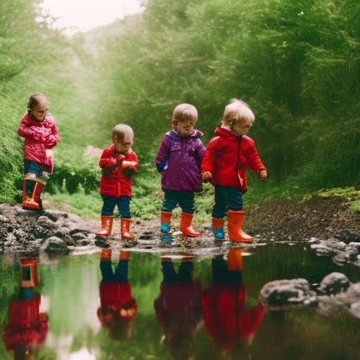 An image of a group of toddlers wearing colorful rain boots, exploring a lush forest together