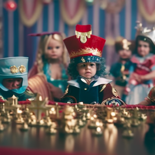 An image showcasing a group of toddlers immersed in imaginative role-play, dressed up in various costumes, transforming a living room into a vibrant make-believe world filled with pirates, princesses, and superheroes