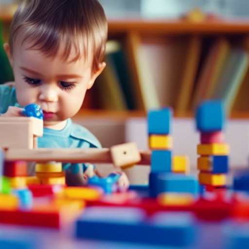 An image showcasing a toddler engrossed in building and construction games, surrounded by colorful blocks, magnetic tiles, and wooden puzzles, fostering their imagination, problem-solving skills, and fine motor development