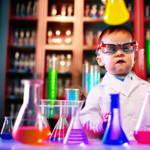 An image of a toddler in a colorful lab coat, wide-eyed with excitement, pouring colorful liquids into test tubes, surrounded by bubbling beakers, and surrounded by various science tools and equipment